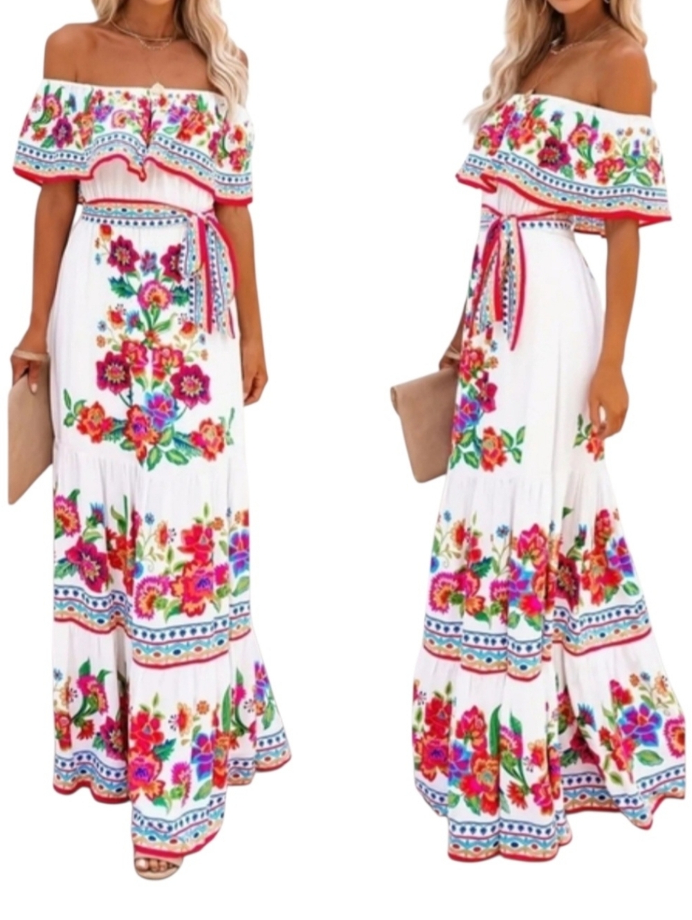New Strapless Floral Print Flowy Tie Waist Maxi Cottagecore Mexican Folk Dress M